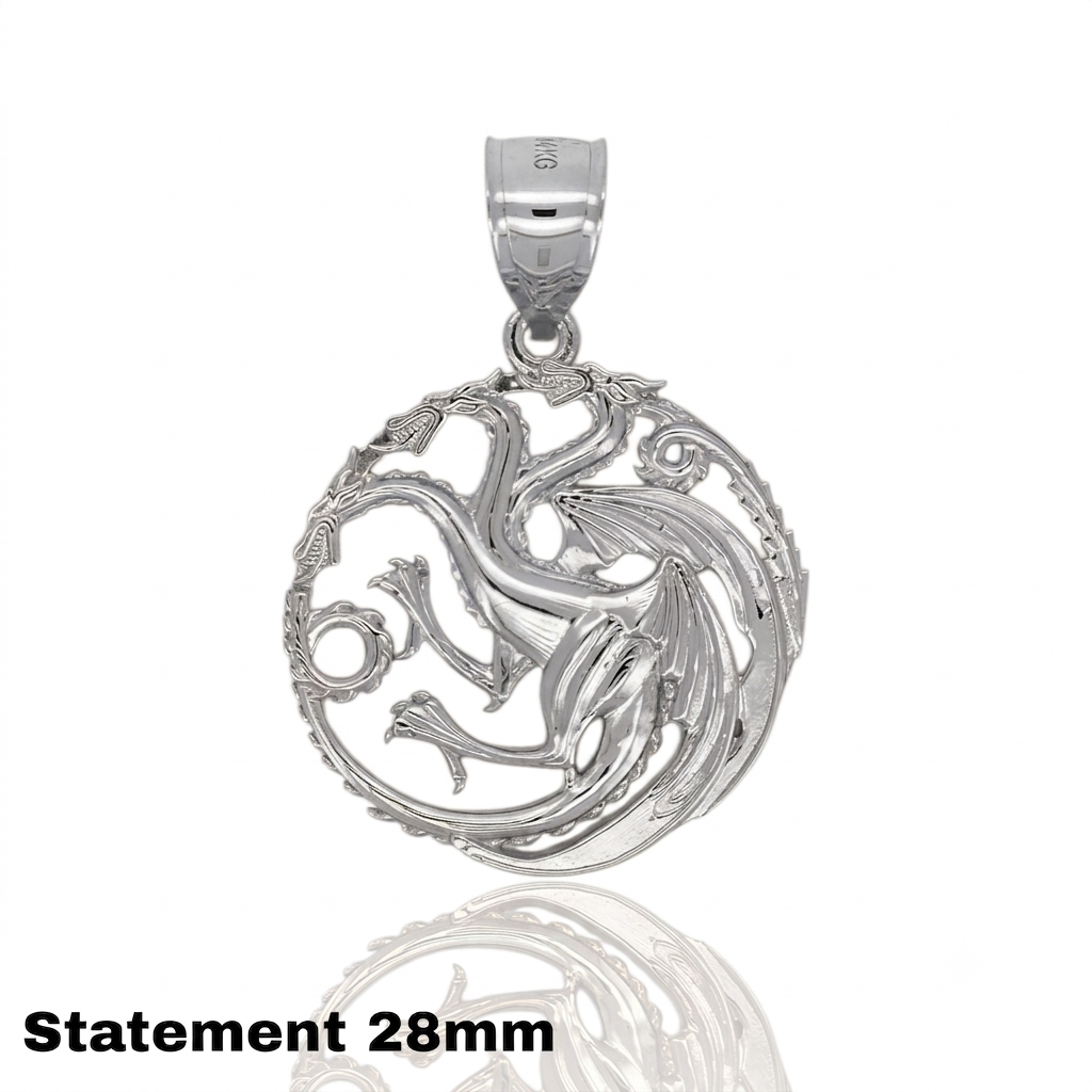 "Fire & Blood" Three-Headed Dragon Pendant - Solid Gold & Sterling Silver (Targaryen Inspired)