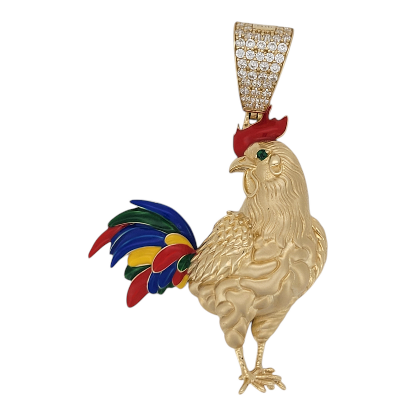 14K gold pendant. Rooster with colors. CZ stone.