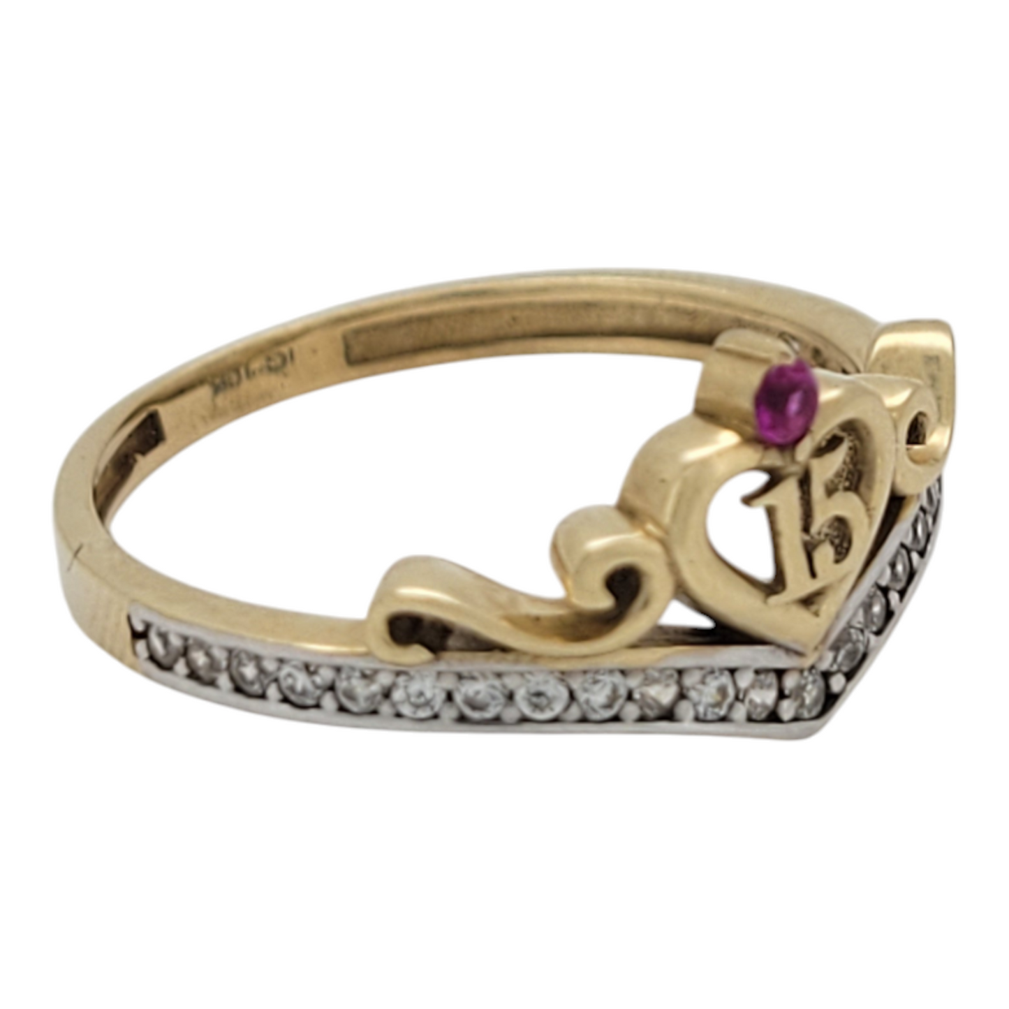 10K gold ring. Quinceañera. Heart with pink and white CZ stones. Size 6