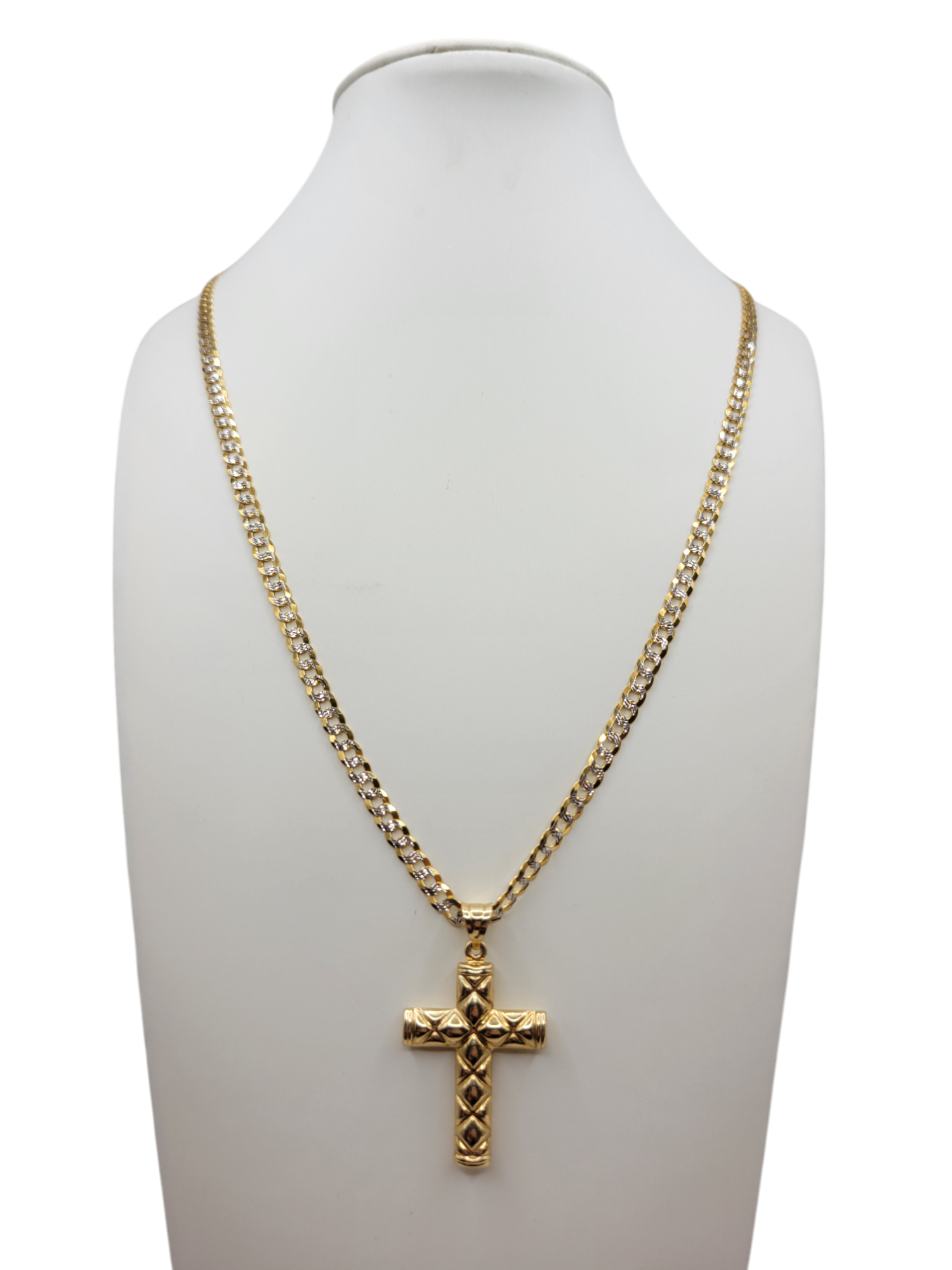 14K gold Cuban chain. Embossed cross pendant. 22 inches. 4 mm.