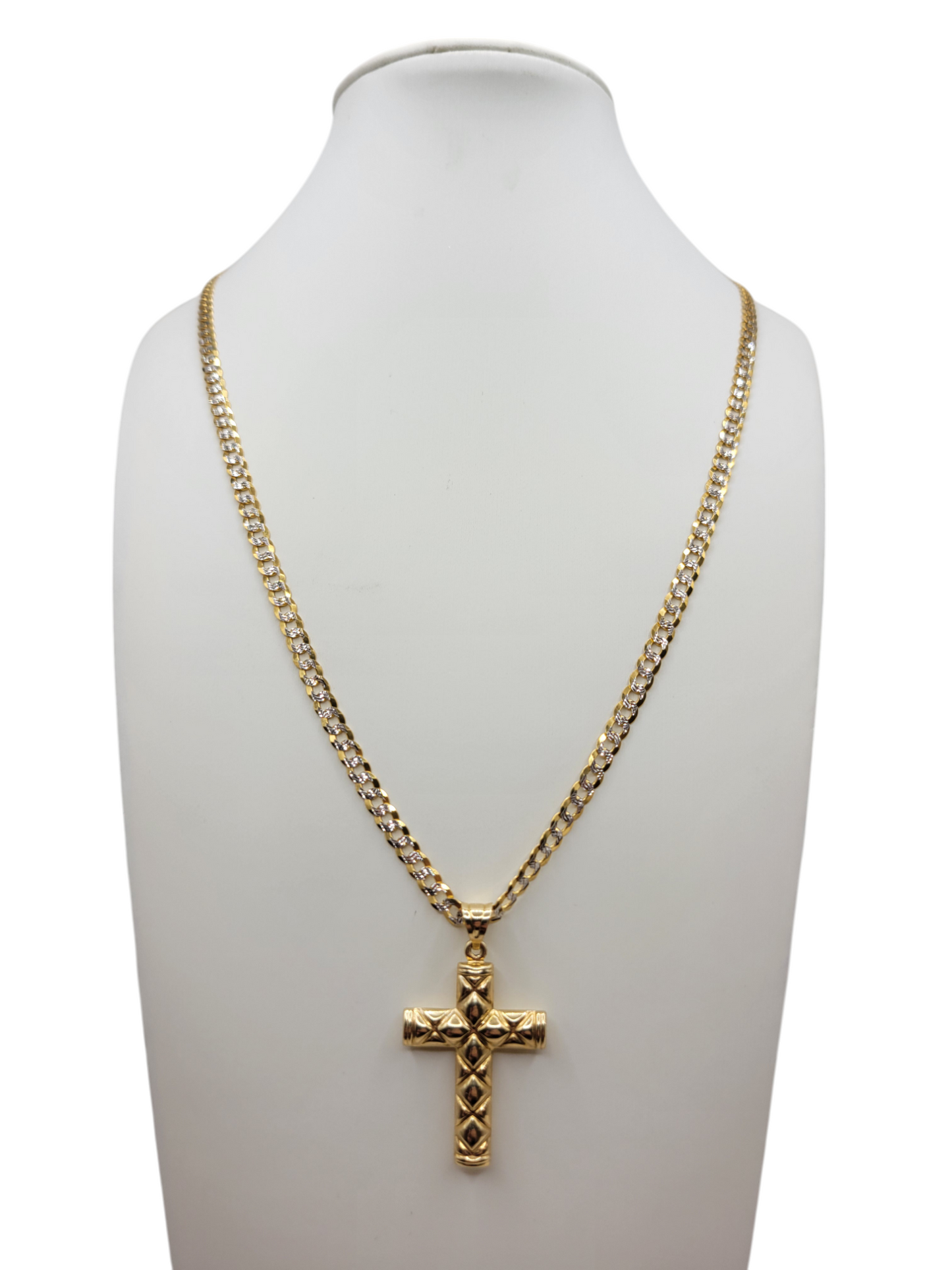 14K gold Cuban chain. Embossed cross pendant. 22 inches. 4 mm.