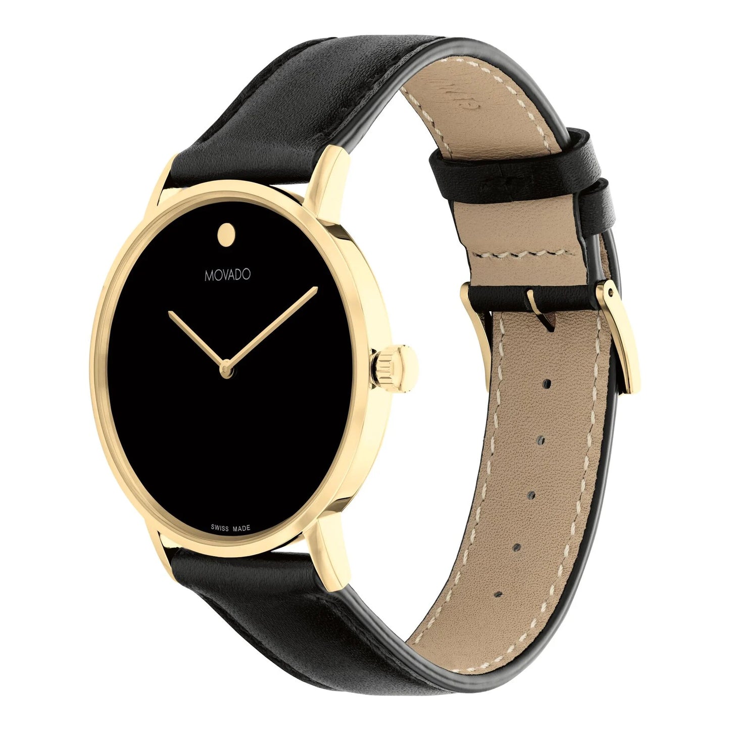 An icon of modern design, the Movado Signature watch features a 40mm yellow gold PVD stainless steel case, a black dial, and a black leather strap