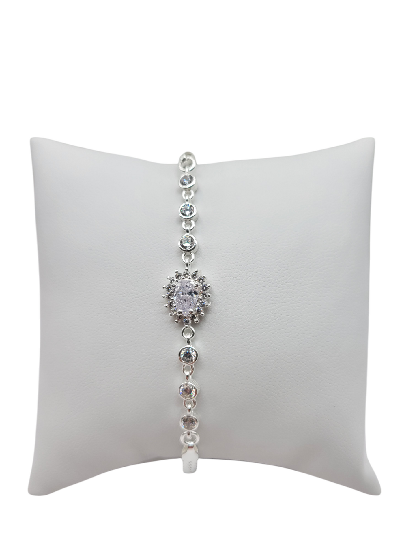 925 Sterling Silver Bracelet. White CZ Diamond-Shaped Stone. 8in. 3mm