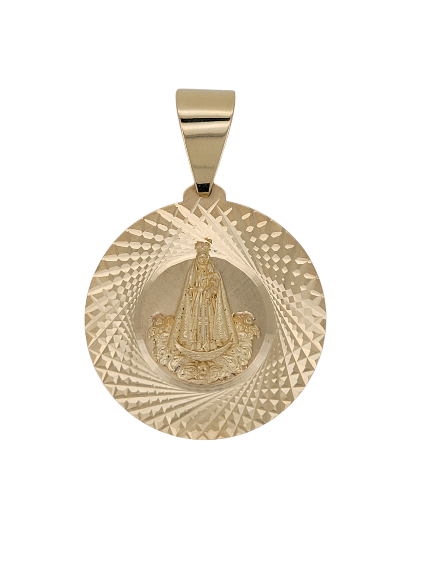 10K gold pendant. Virgin of Charity. Round relief.