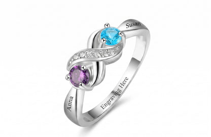 Personalized Sterling Silver / Yellow Gold / Rose Gold Infinity Friendship Ring with Names and Birthstones