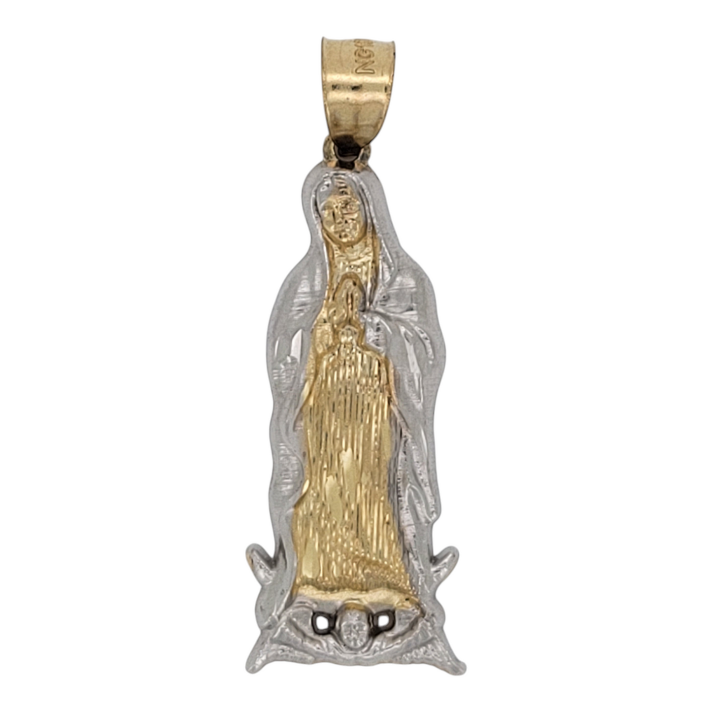10K gold pendant. Virgin of Guadalupe with white details.