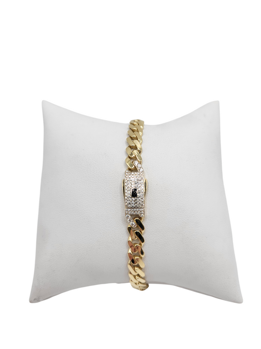 14K gold bracelet. Monaco style. CZ stone clasp. 7.5in. 6mm