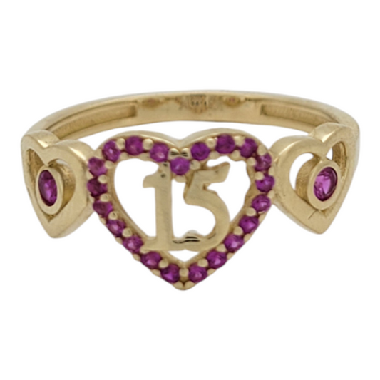 10K gold ring. Quinceañera. 3 pink hearts. Size 6.5 . CZ Stones