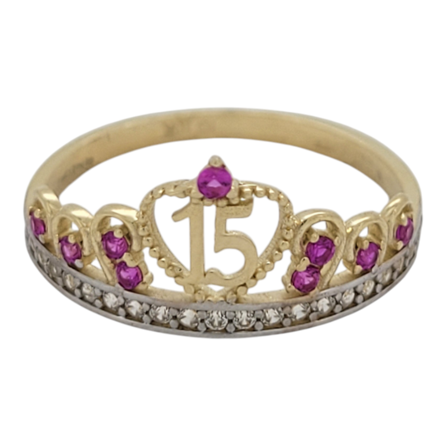 10K gold ring. Quinceañera. Crown with heart. Pink CZ stones. Size 7