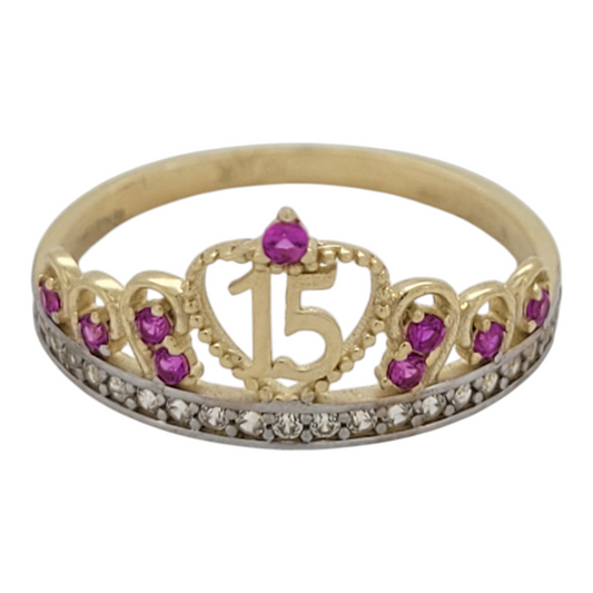 10K gold ring. Quinceañera. Crown with heart. Pink CZ stones. Size 7