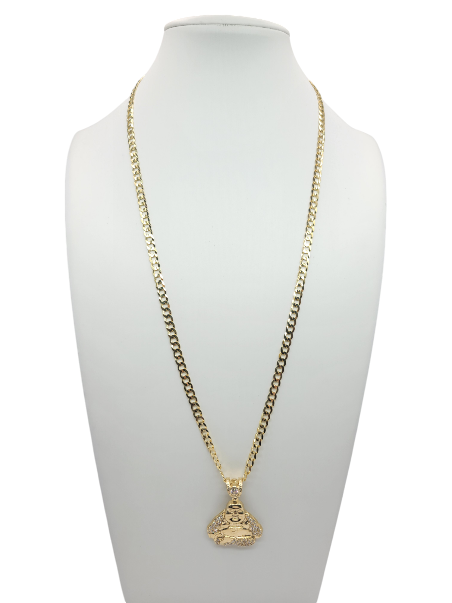 10K Gold Cuban Chain. Buddha Faith Pendant. CZ Stone. 24in. 0.5mm