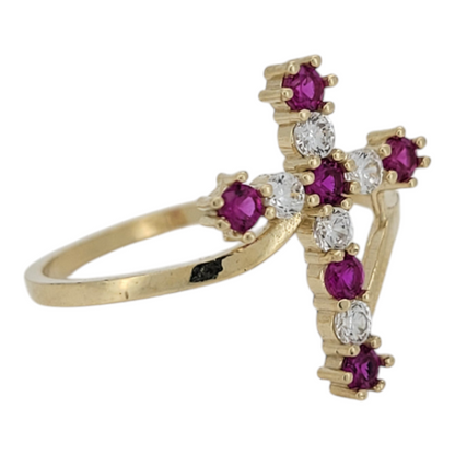 10K gold ring. Cross with pink CZ stone. Size 7