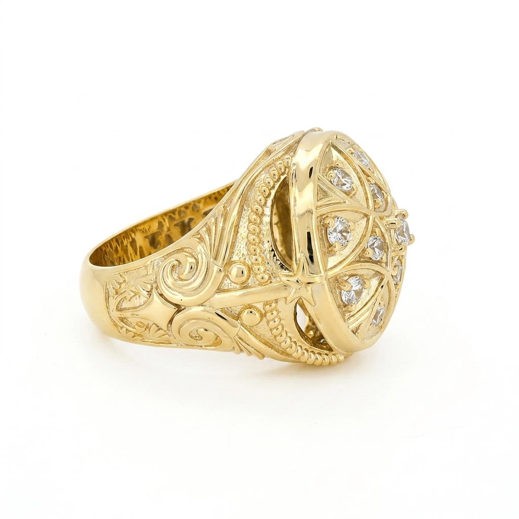 10K Gold Rosette Ring Solid. CZ Stone. Size 13