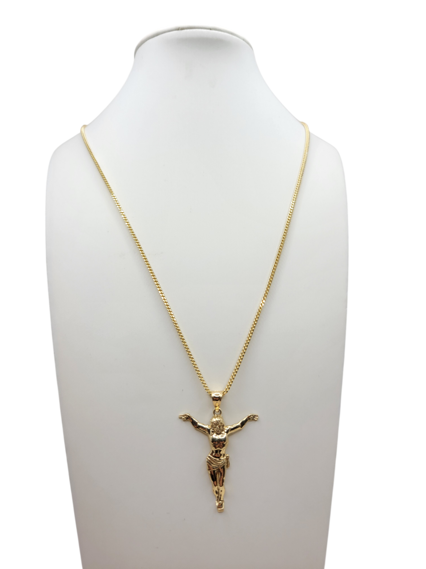 10K gold Franco chain. Jesus crucified pendant. 24 inches. 1.5 mm.