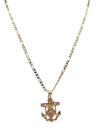10K Gold Figaro Chain. Anchor Pendant. 22in. 2.5mm