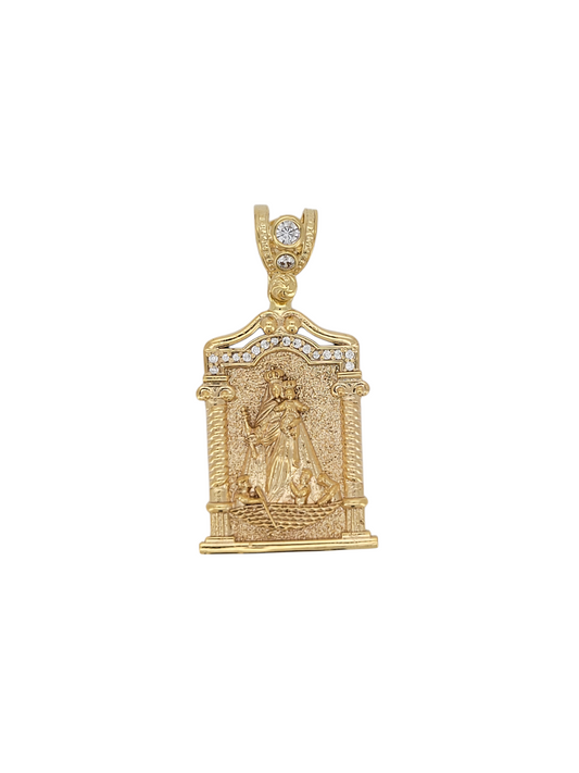 10K gold pendant. Virgin of Charity. CZ stone
