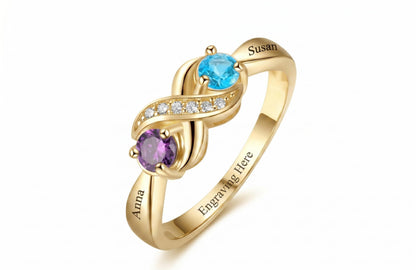 Personalized Sterling Silver / Yellow Gold / Rose Gold Infinity Friendship Ring with Names and Birthstones