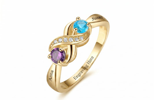 Personalized Sterling Silver / Yellow Gold / Rose Gold Infinity Friendship Ring with Names and Birthstones