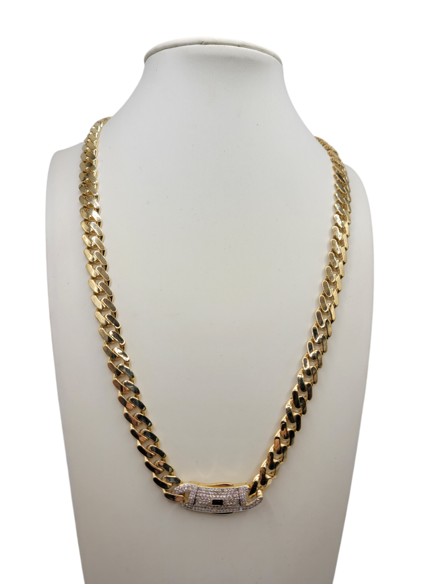 14K gold chain. Monaco style. CZ stone clasp. 24in. 7mm