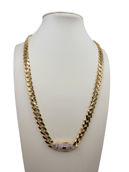 14K gold chain. Monaco style. CZ stone clasp. 24in. 7mm