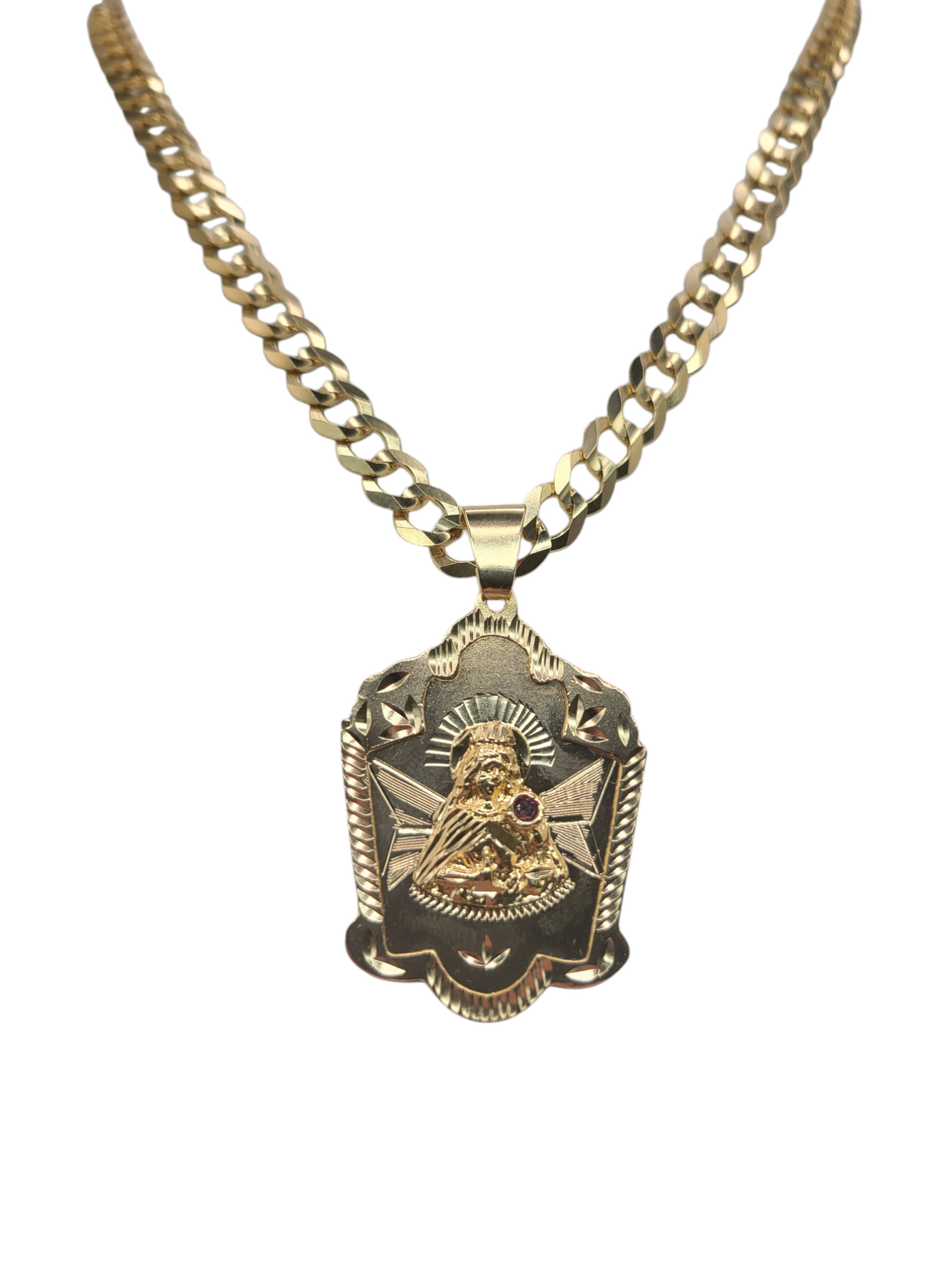 14K gold Cuban chain. Saint Barbara pendant. 24in . 7mm