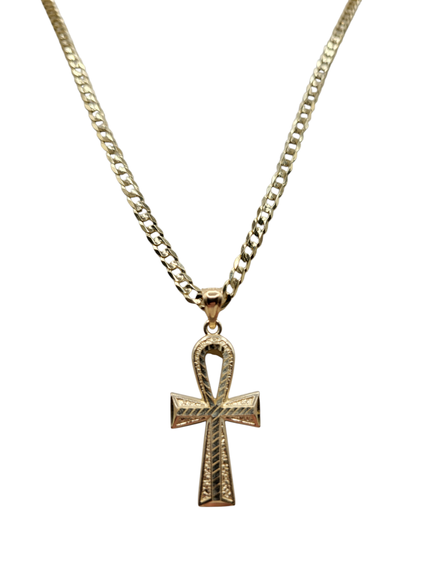 10K Gold Cuban Chain. Cross Pendant. 24in. 3mm