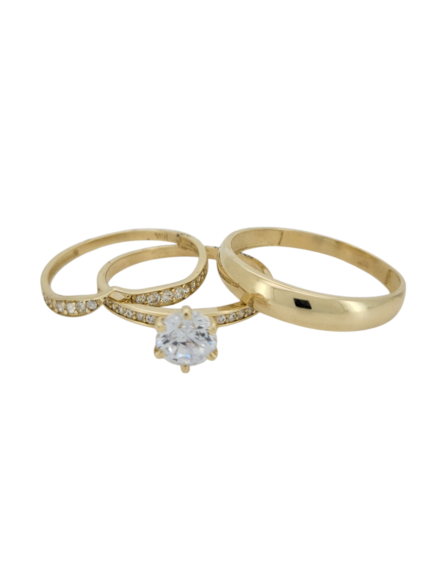 10K gold wedding rings. Trio. Women's size 8.5. Men's size 10.5. CZ stones