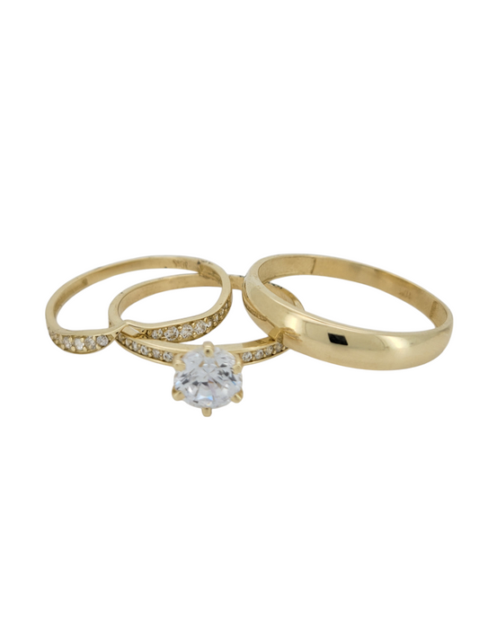 10K gold wedding rings. Trio. Women's size 8.5. Men's size 10.5. CZ stones