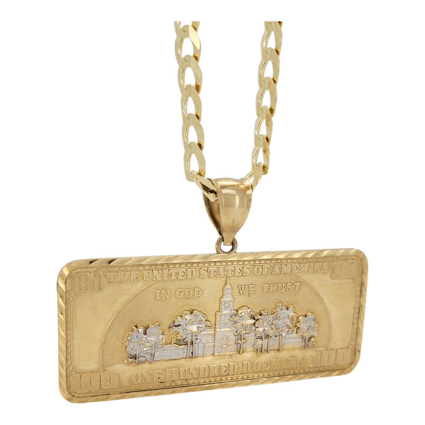 10K Gold Cuban Link Chain. Double Edge. Solid. $100 Bill Pendant. 22in . 6mm