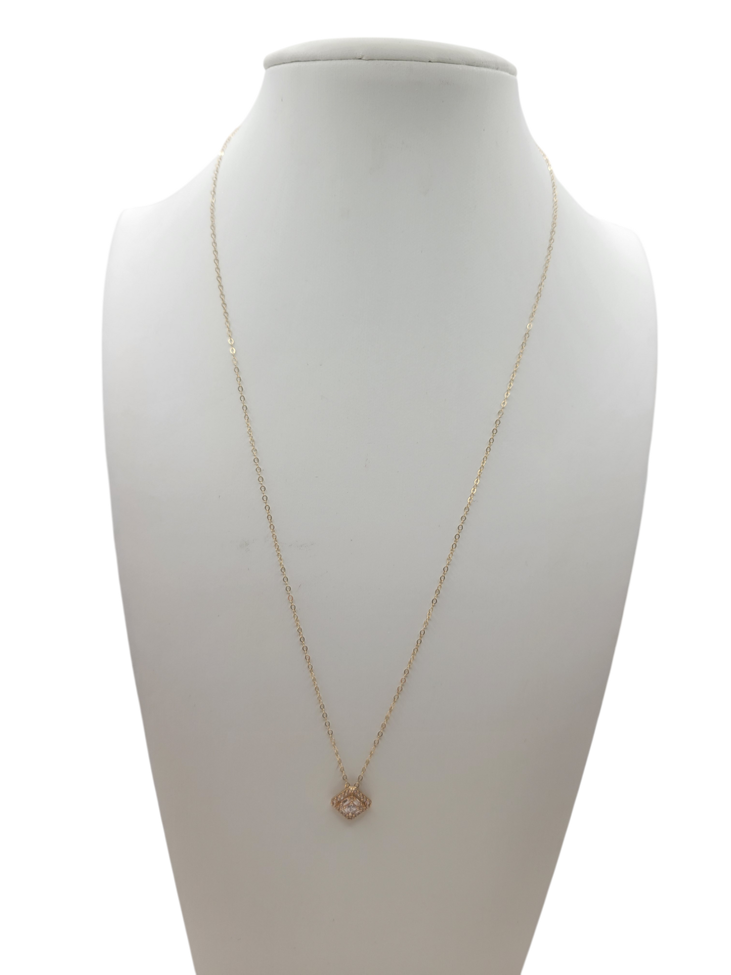 14K gold necklace. Square pendant with CZ stone. 20in . 1mm