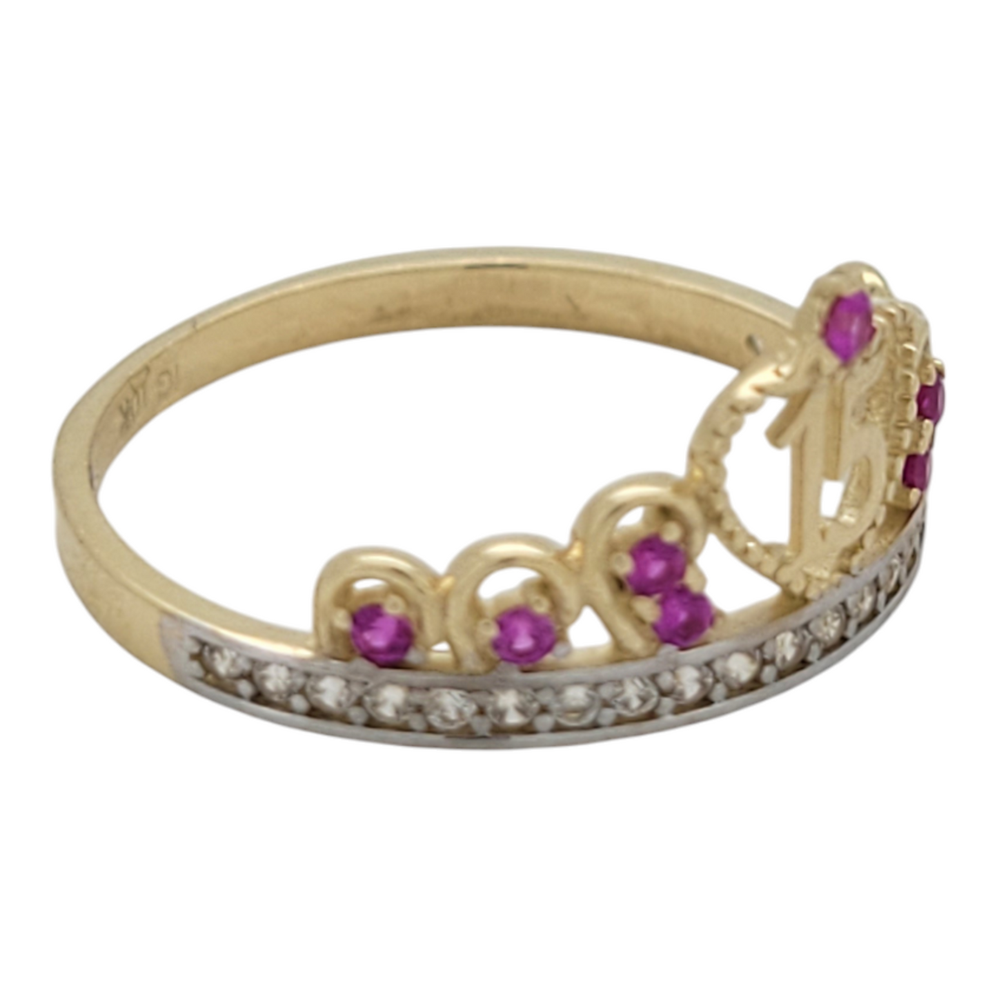 10K gold ring. Quinceañera. Crown with heart. Pink CZ stones. Size 7