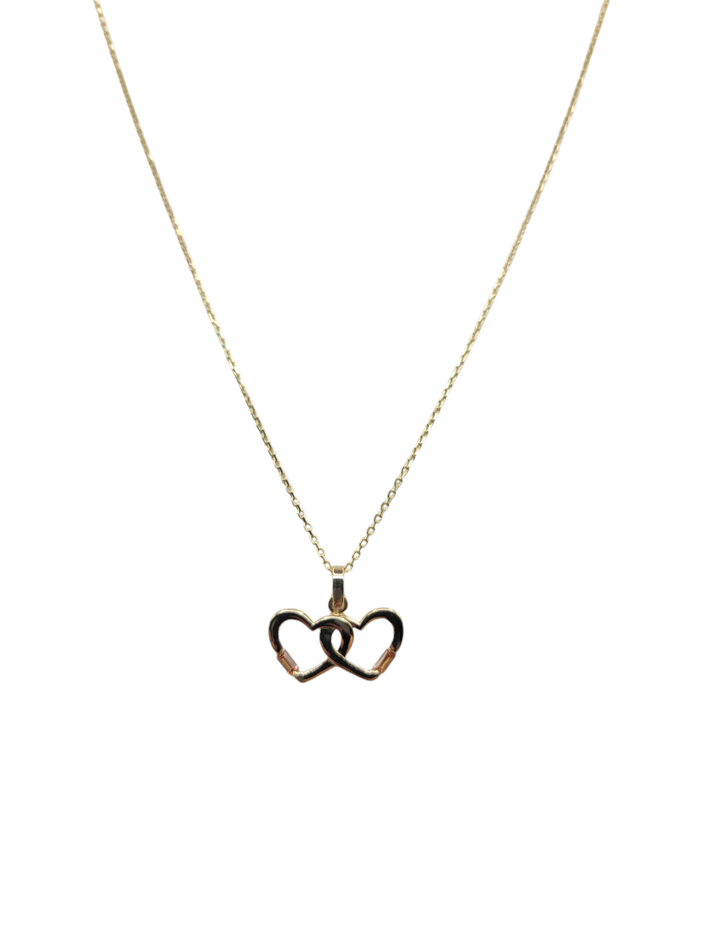 10K gold chain. Linked hearts. CZ stone. 18in. 1mm.