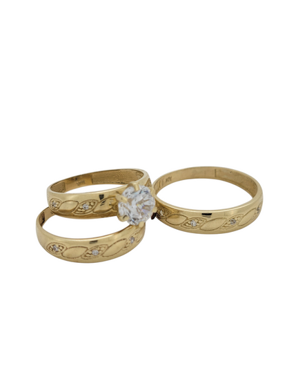 10K Gold Engagement Rings. Trio of rings for women and men. Sizes 6 and 8.5. CZ stone.