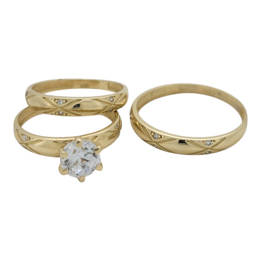 10K gold wedding rings. Trio of rings for women and men. Sizes 6.5 and 10. CZ stone.