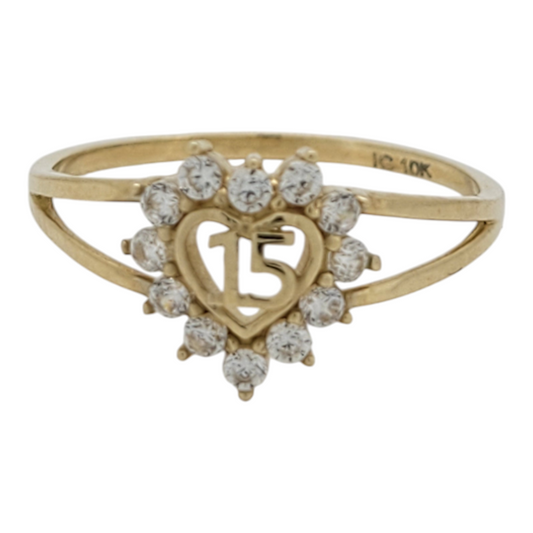10K gold ring. Quinceañera. Heart with white CZ stone. Size 7