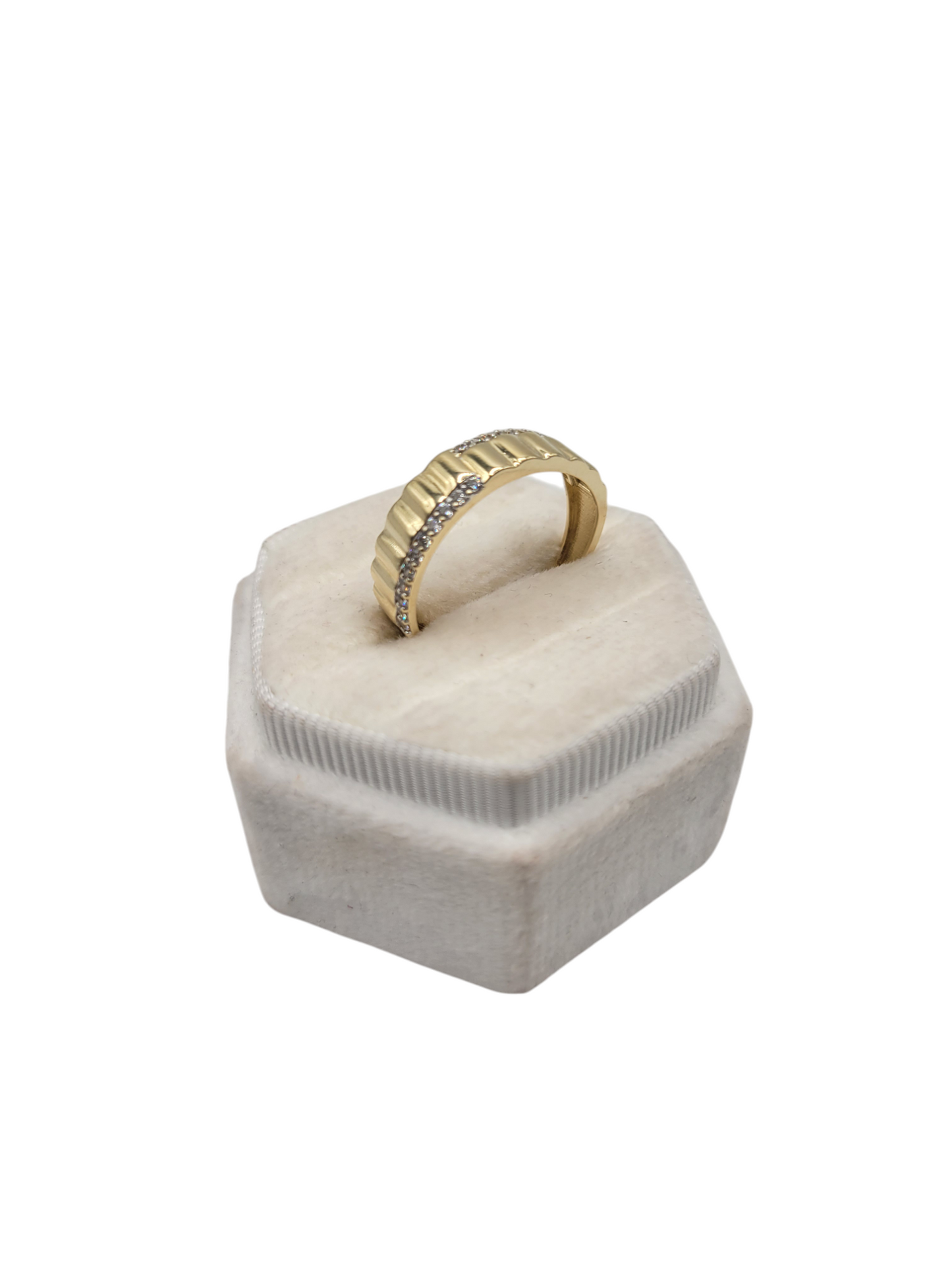 10K gold band wedding ring with CZ stones. Size 10.