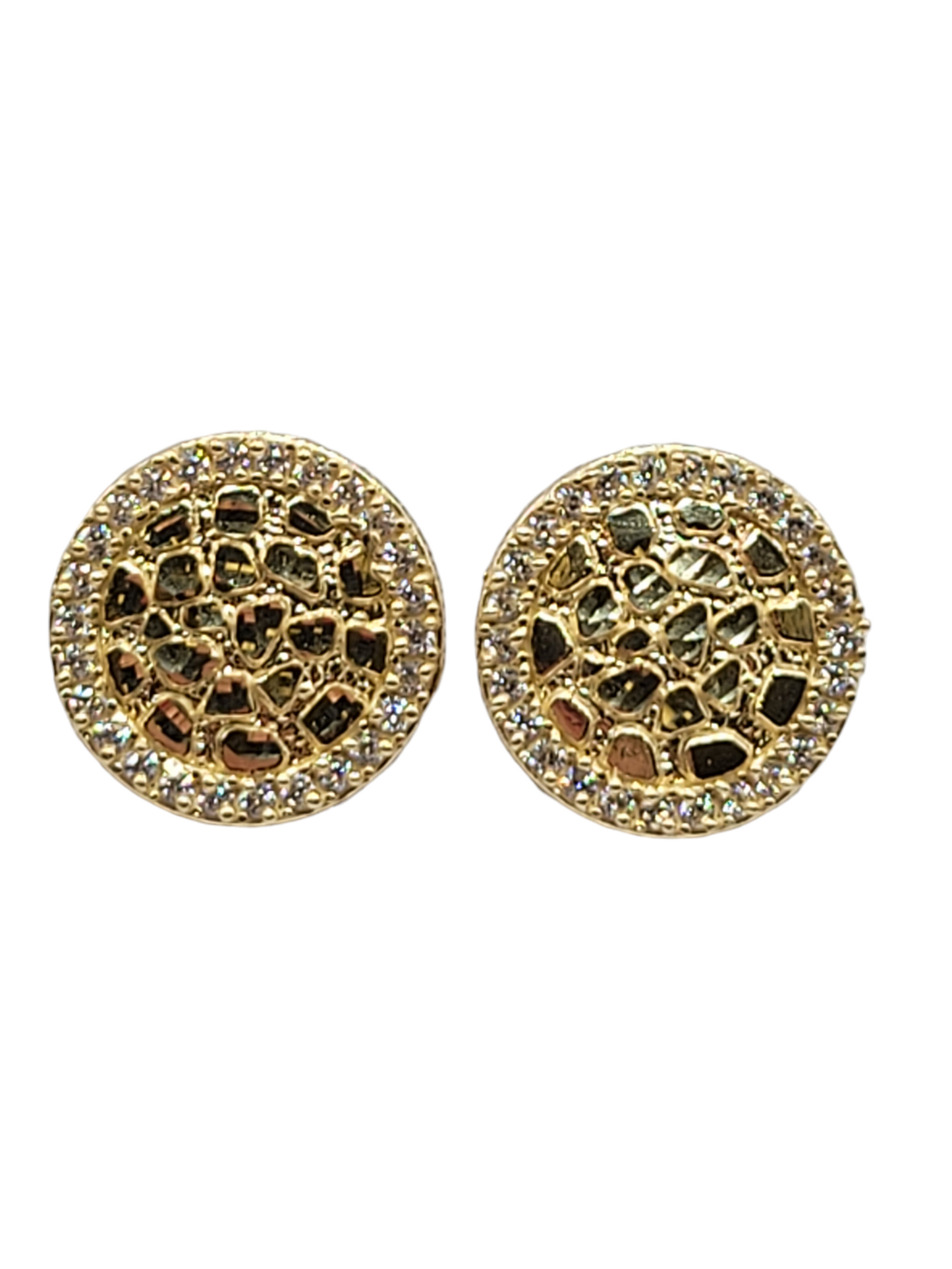 10K gold stud earrings, round nugget style, and CZ stone