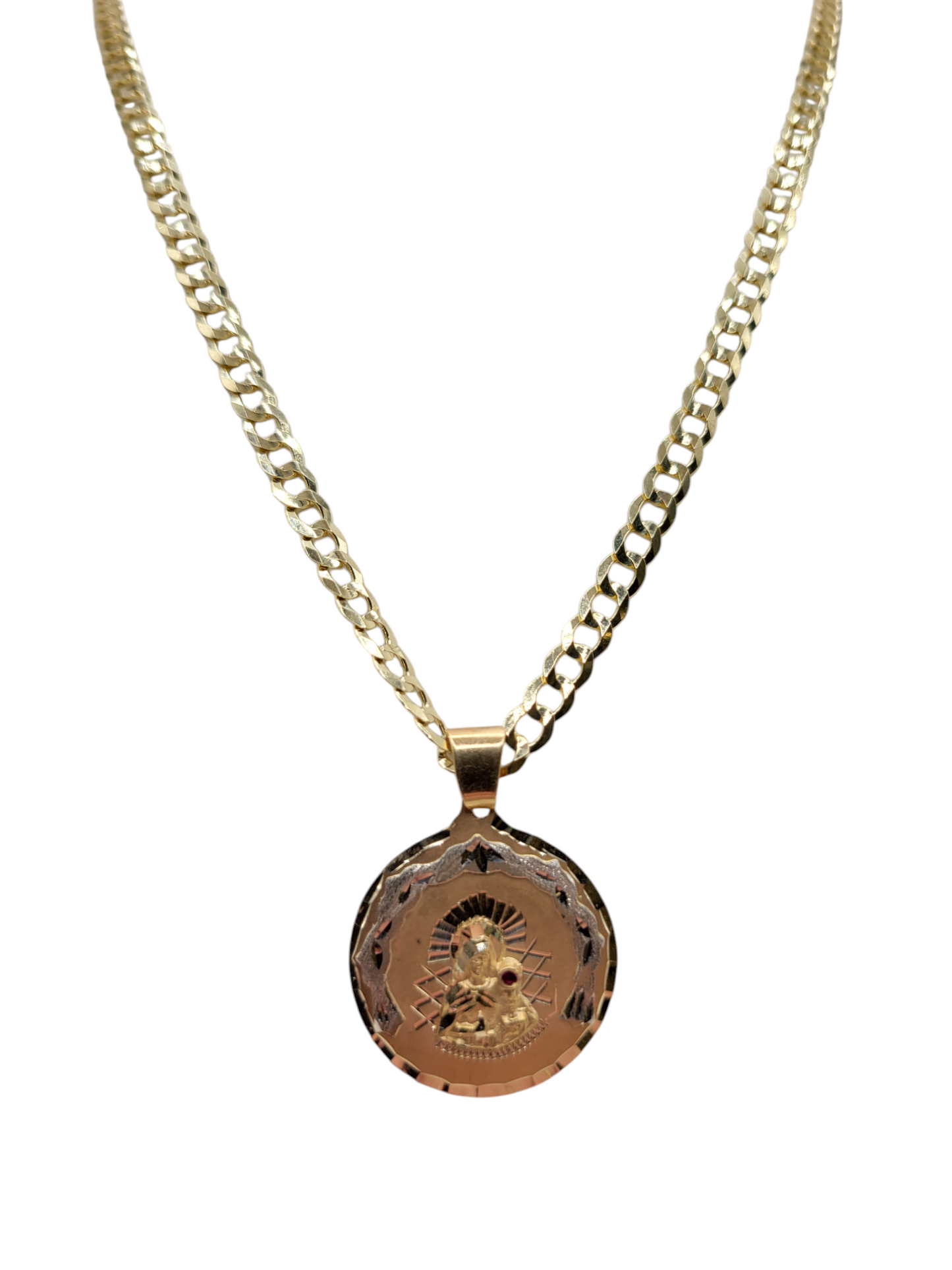 14K gold Cuban chain. Round Saint Barbara pendant. 24in . 5mm