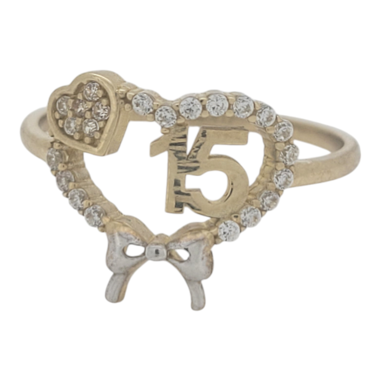 10K gold ring. Quinceañera. Heart and bow. CZ stone. Size 9