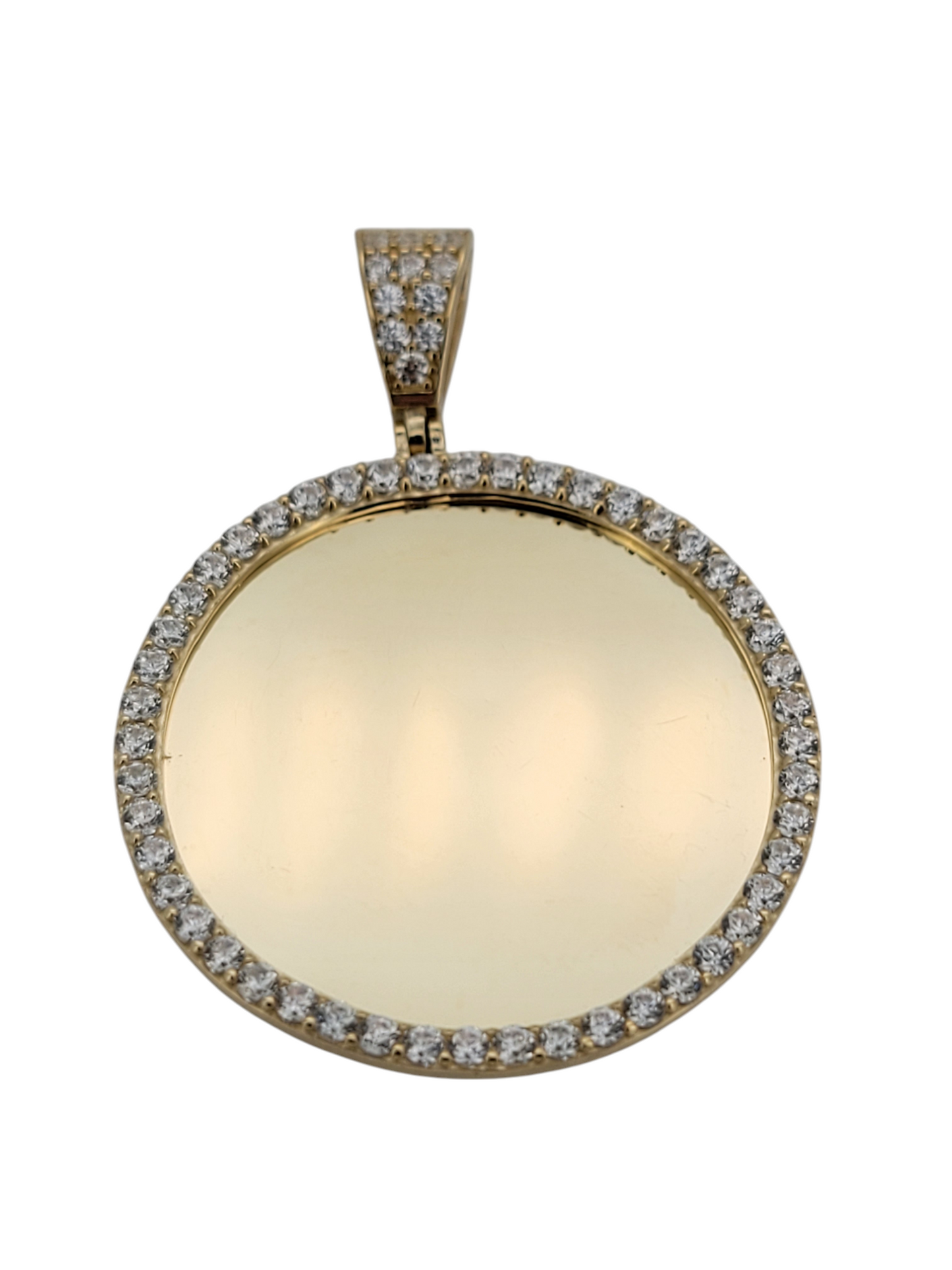 14K gold pendant. Round, customizable with photo. CZ stone.