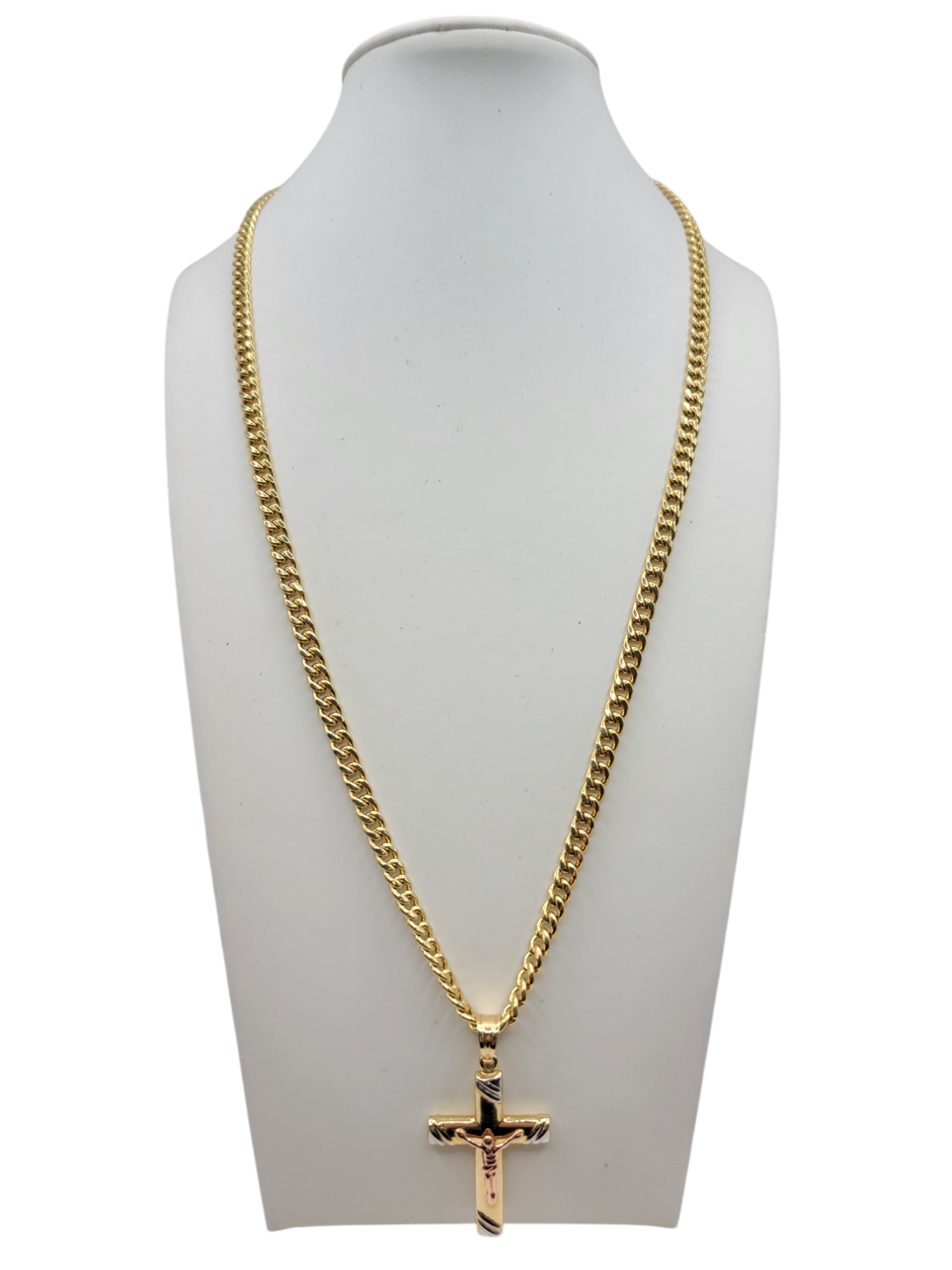 14K gold chain. 3-color crucifix pendant. 20in. 4mm