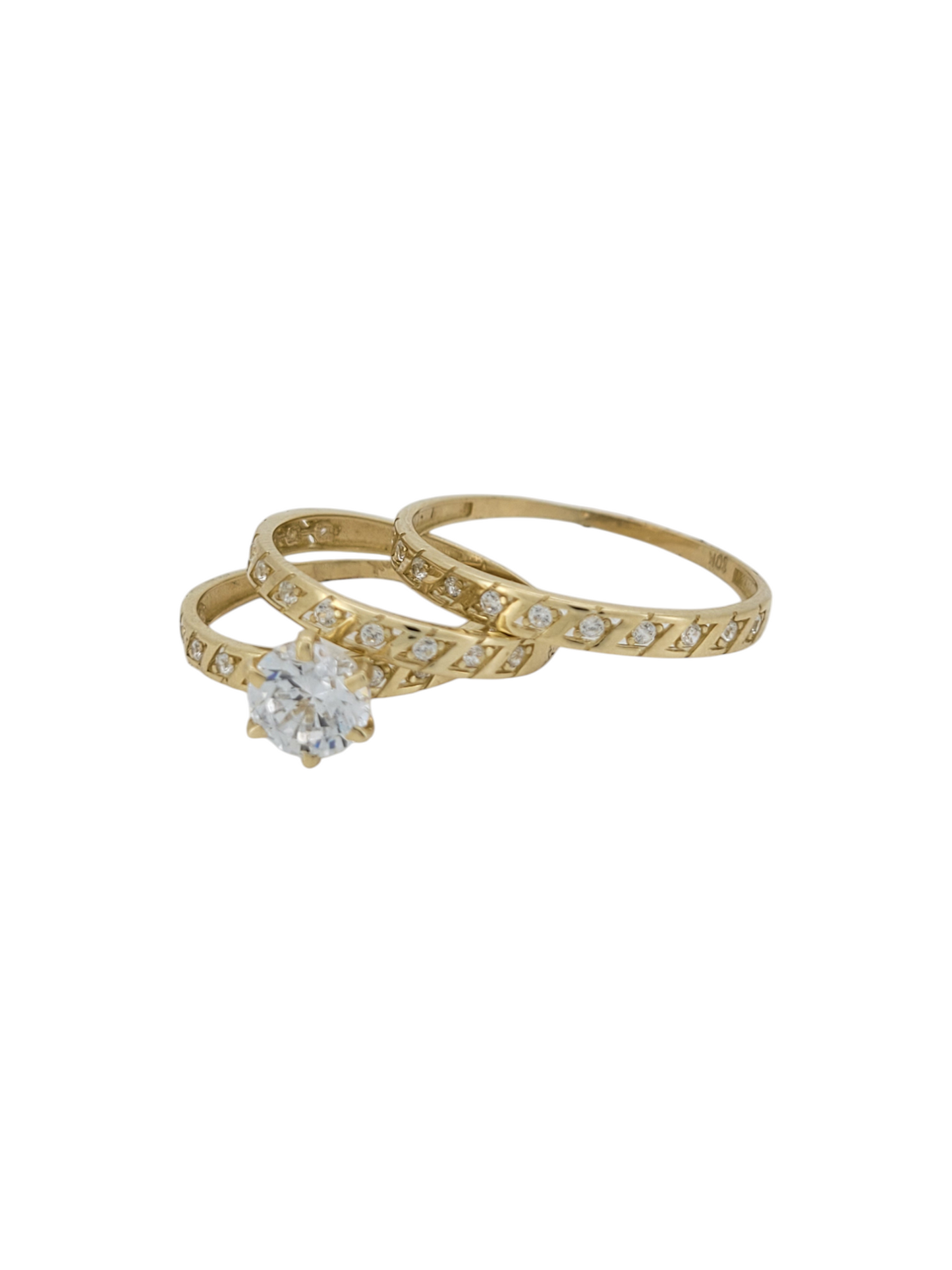 10K gold wedding rings. Trio. Women's size 6. Men's size 10.5. CZ stones