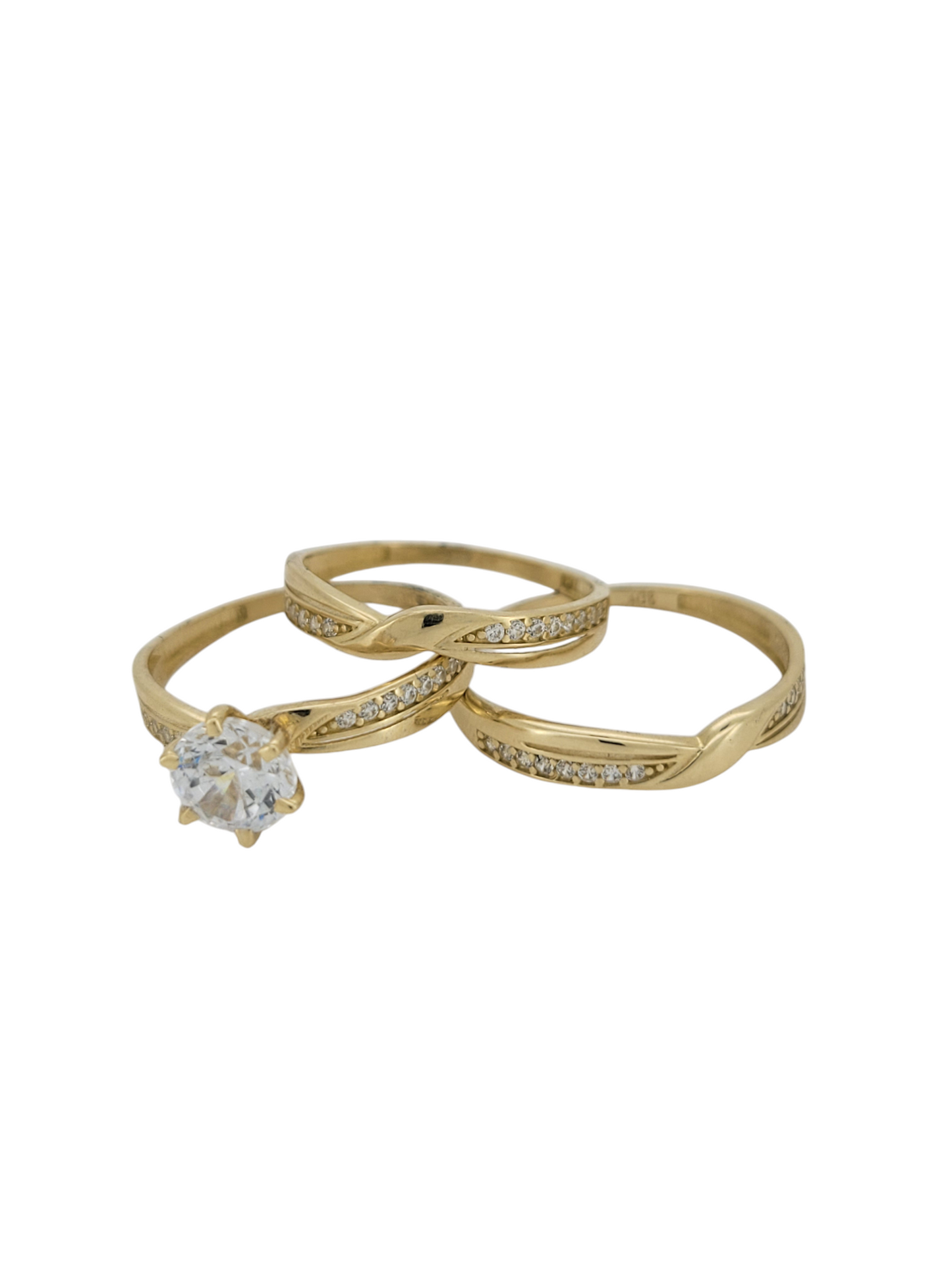 10K gold wedding rings. Trio of rings. Women's size 6.5. Men's size 8.5. CZ stones