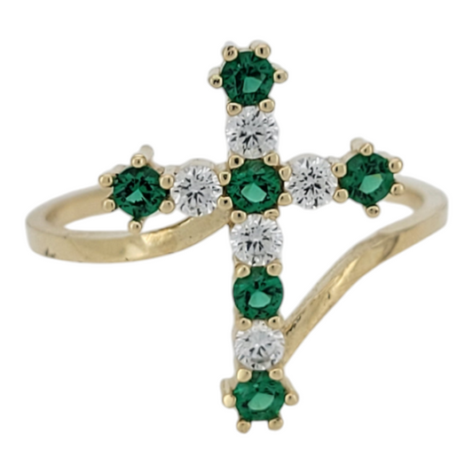 10K gold ring. Cross with green CZ stone. Size 6.5
