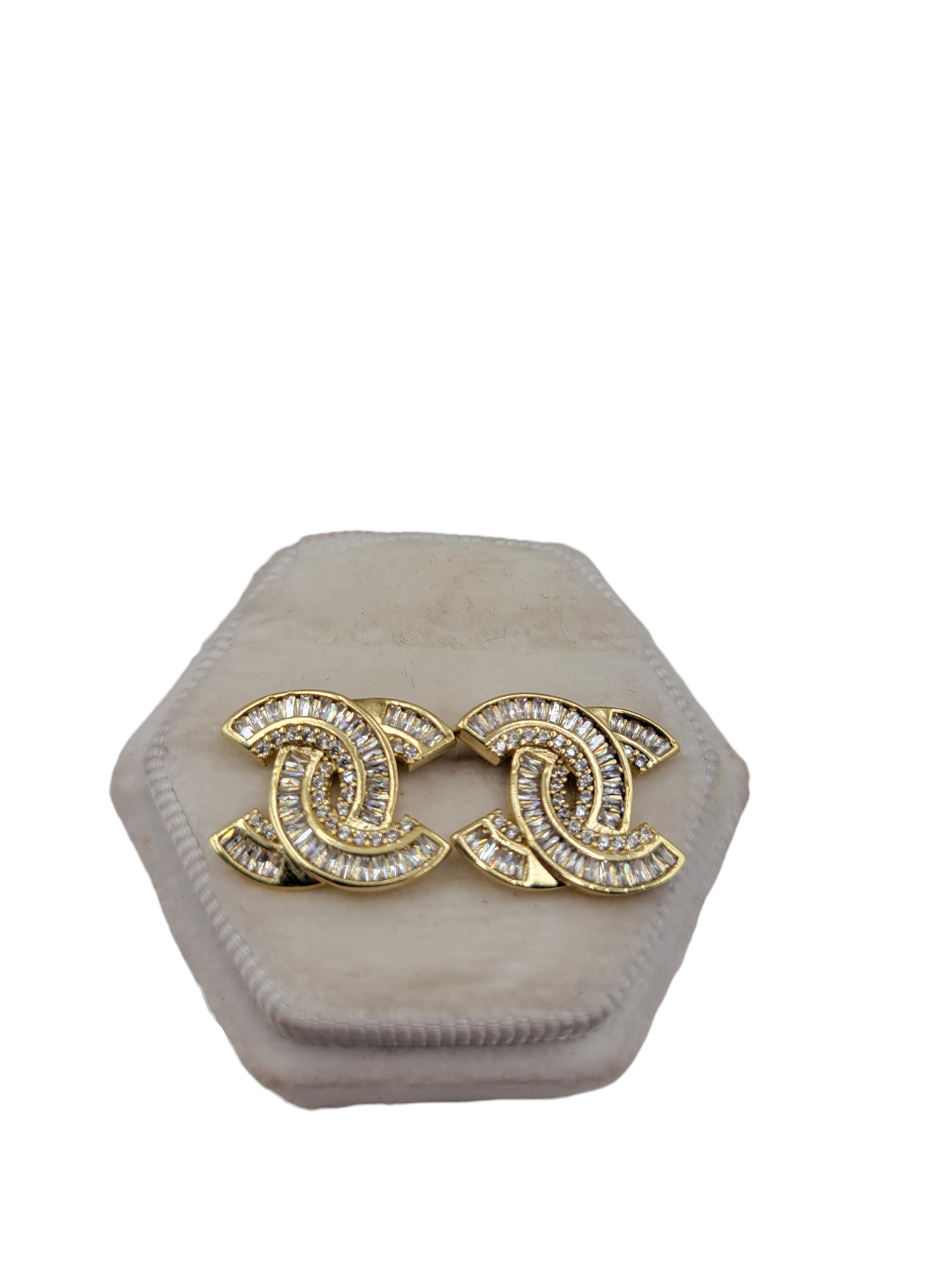 10K gold earrings. CC. CZ stone.