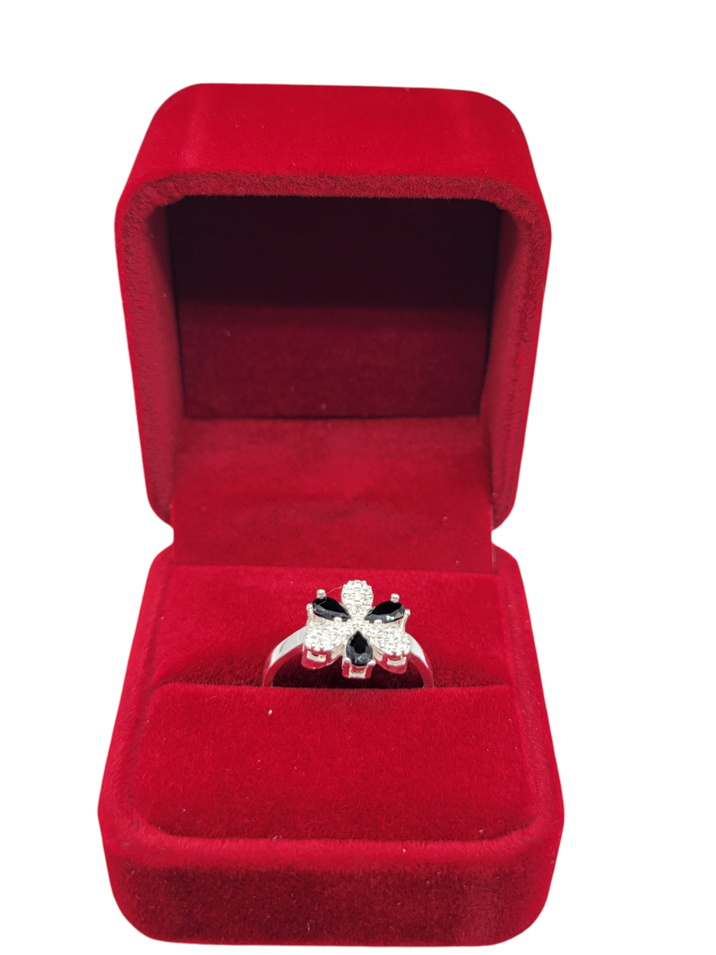 925 silver ring. Black CZ and white stone flower. Size 8