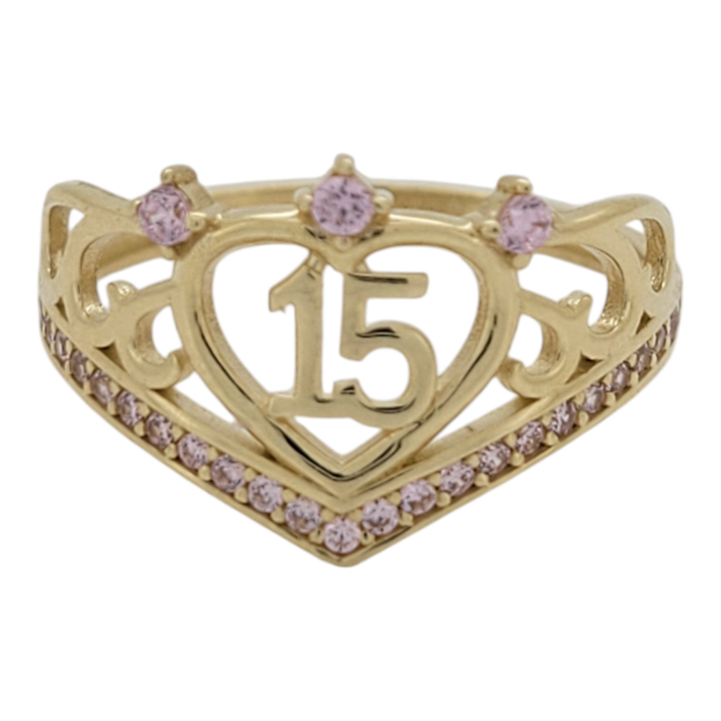 10K gold ring. Quinceañera ring with heart and pink CZ stone. Size 7.5