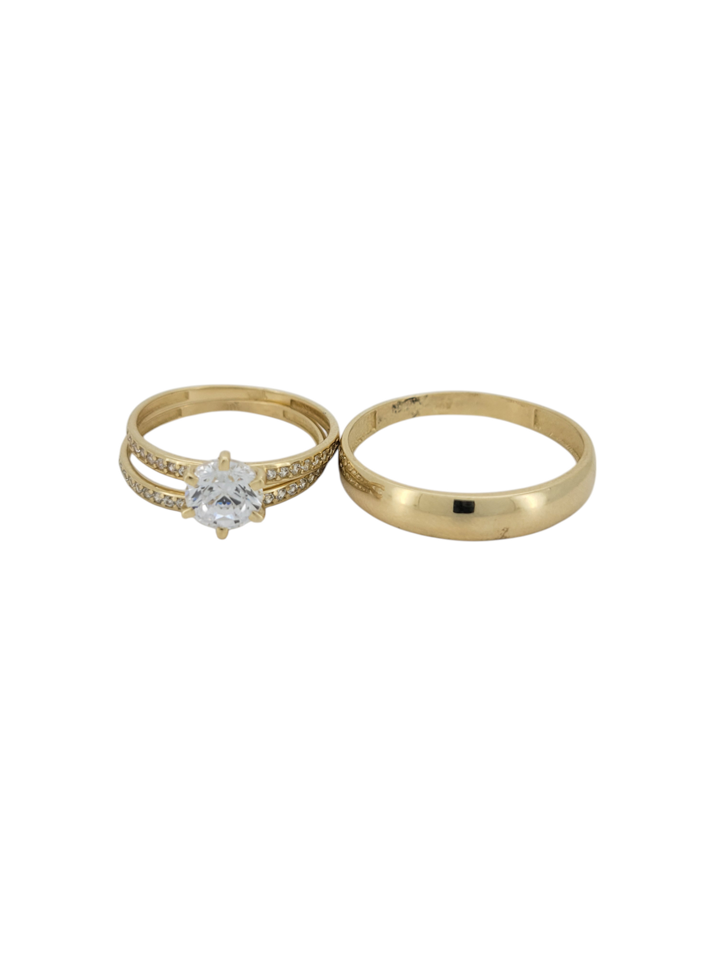 10K gold wedding rings. Trio of rings. Women's size 7.5. Men's size 11. CZ Stones