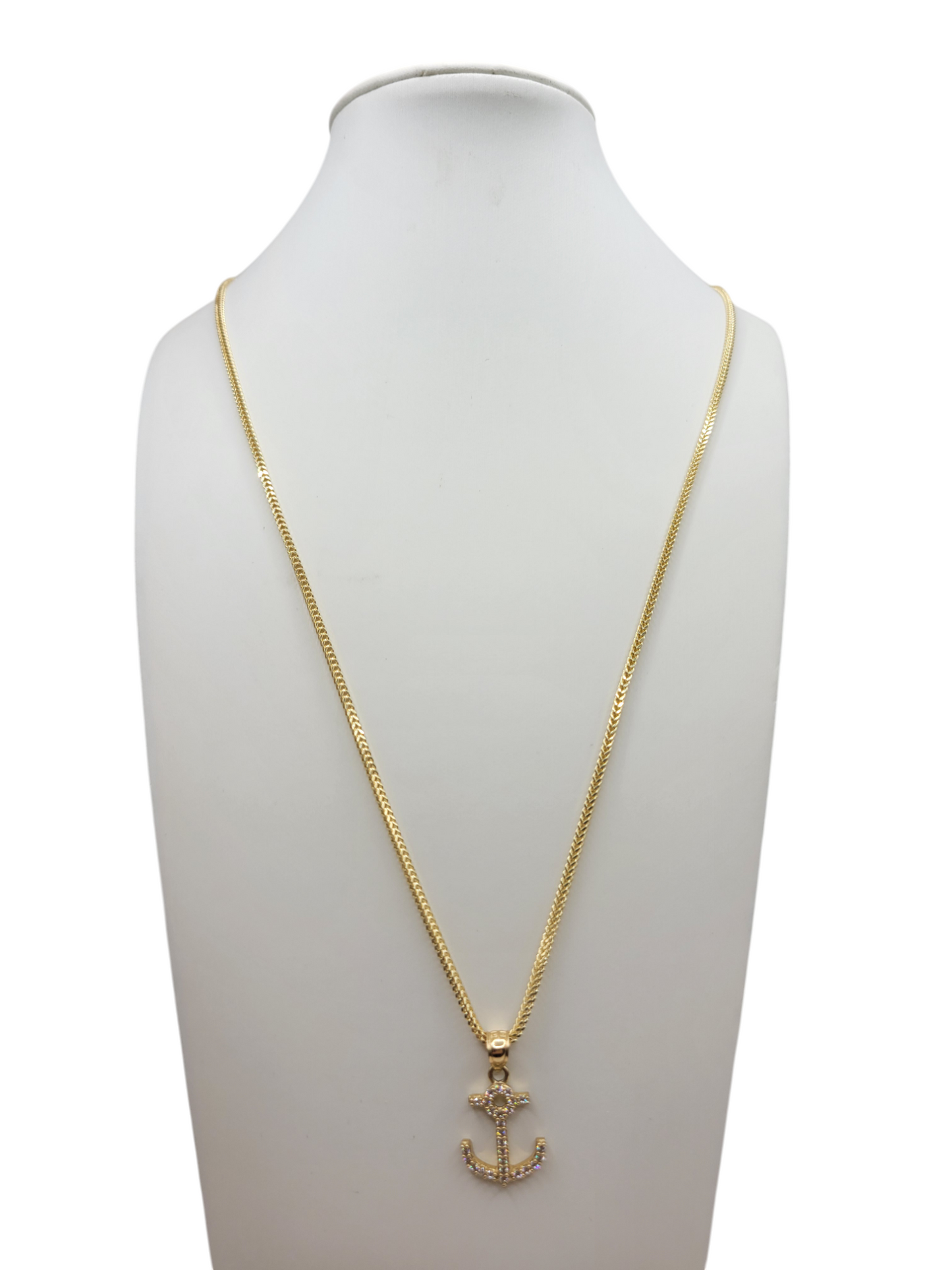 10K gold Franco chain. Anchor pendant with CZ stone. 24in . 2mm