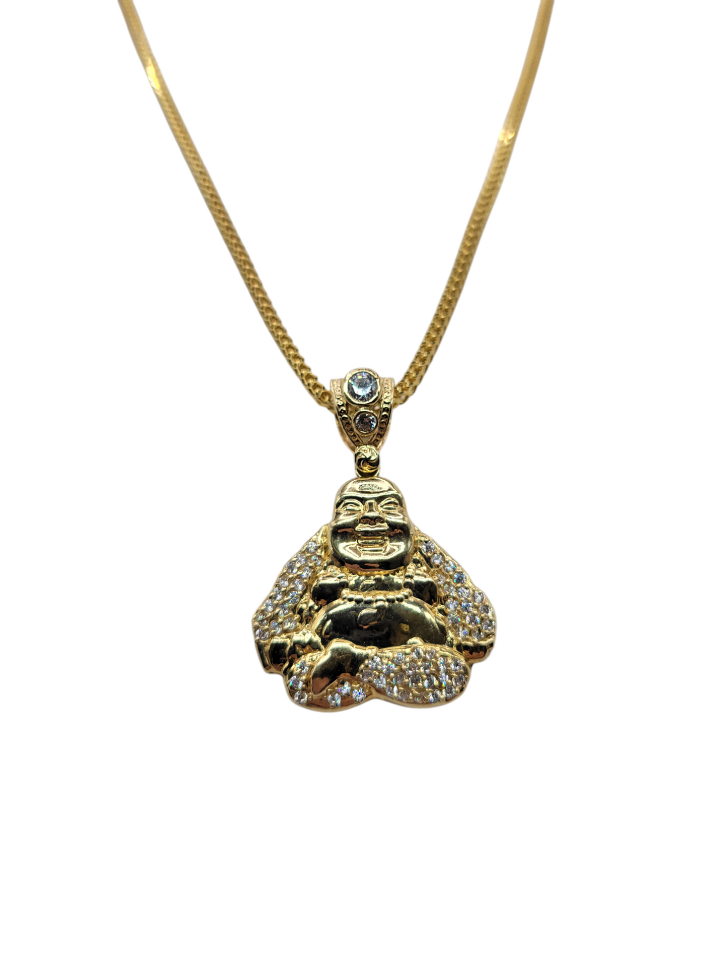 10K Gold Franco Chain. Buddha Pendant. CZ Stone. 20in ... 2mm